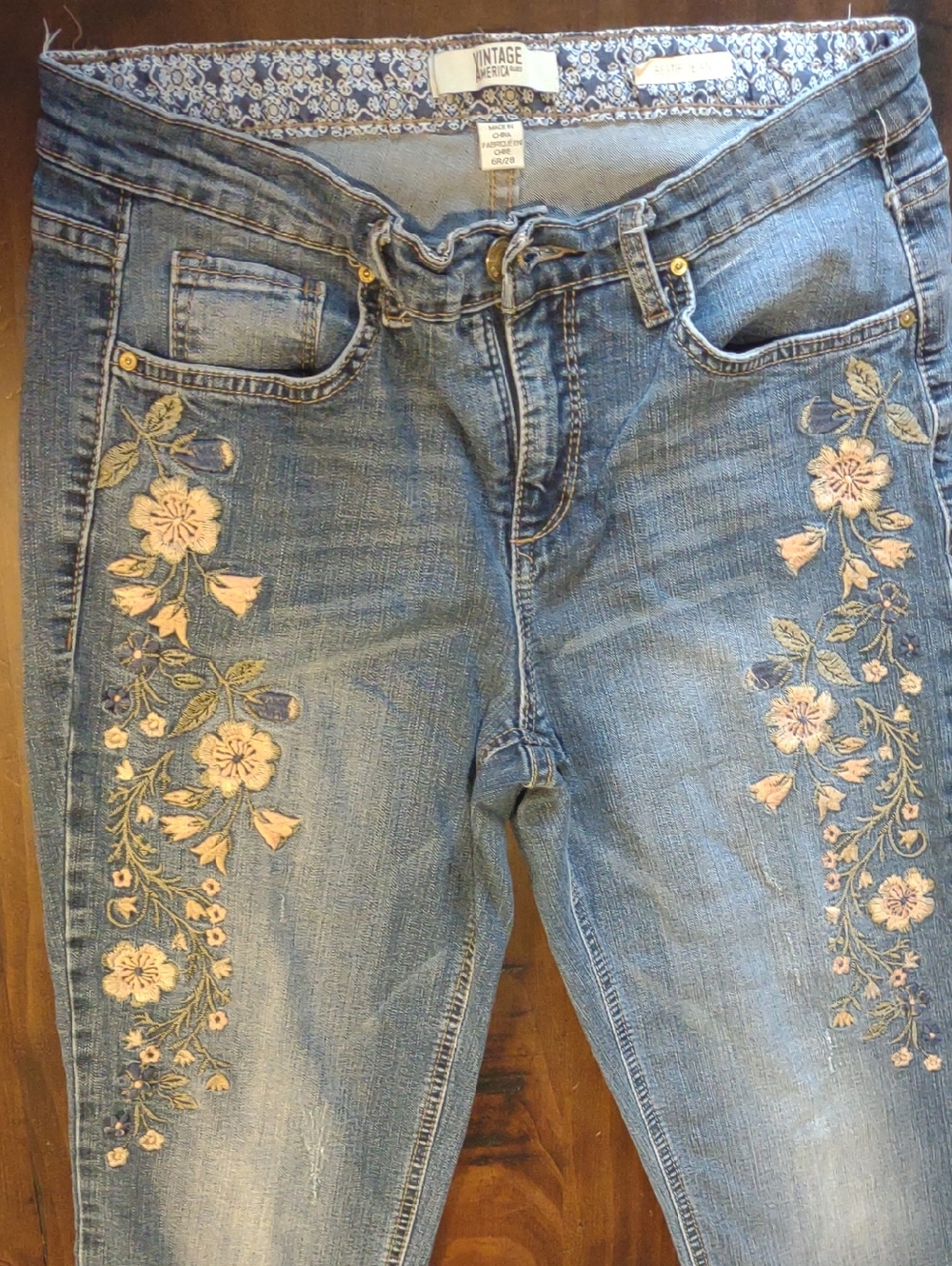 Vintage America Light Blue Jeans with Pink Floral Embroidery
